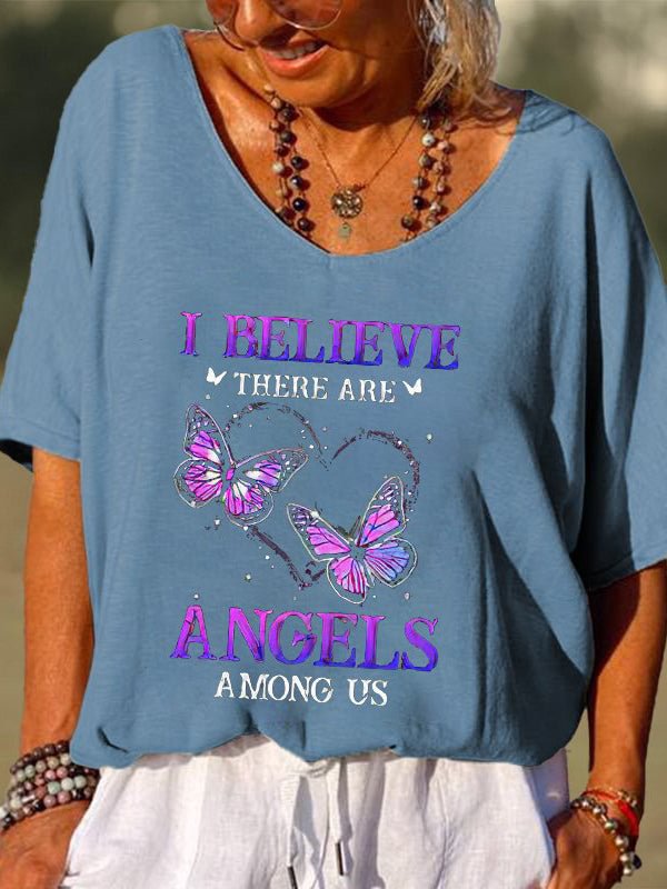 I Believe There Are Angels Among Us Printed Butterfly Women's T-shirt