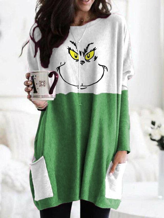 Mayoulove Grinch Face Colorblock Long Sleeve T-Shirt-Mayoulove