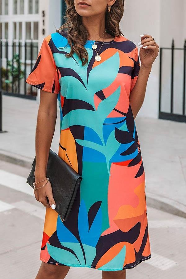 Abstract Leaf Print Casual Short Sleeves Midi Dress-Corachic