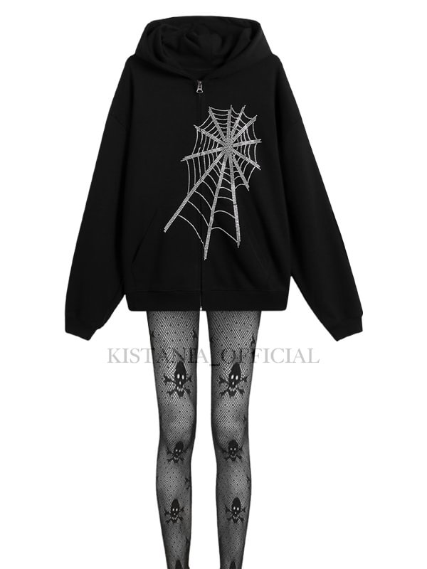 Spider Net Rhinestone Long Sleeve Loose Zip Up Jacket + Skull Pattern Sexy Fishnet Tights 2 Pieces Sets