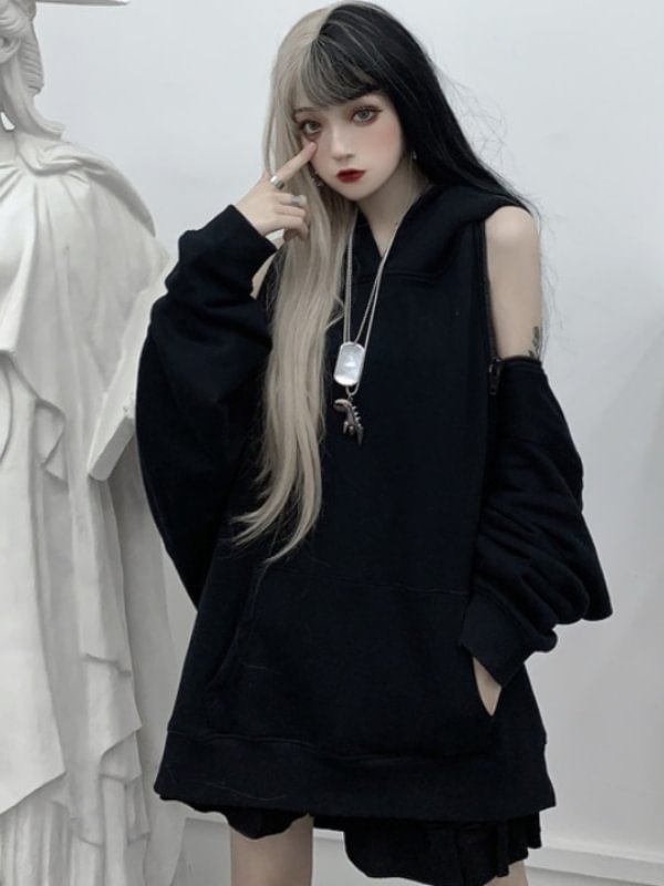 Sexy Girl Darkness Vintage Zippers Solid Color Off The Shoulder Oversize Hoodie