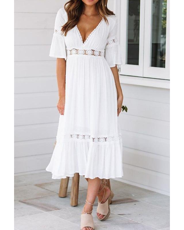Women's Swing Dress Midi Dress - Half Sleeve Solid Colored Summer Spring & Summer V Neck Hot Beach vacation dresses Flare Cuff Sleeve 2020 White S M L XL / Sexy-Corachic