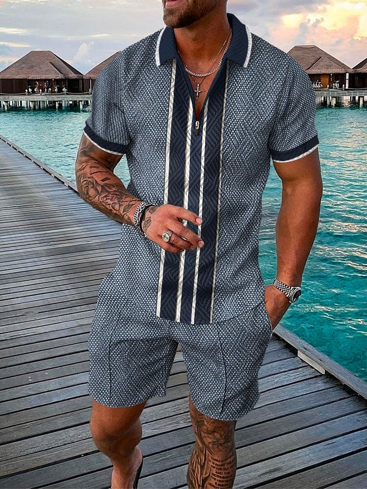 Men's Vacation Casual Striped Printed Dark Blue Polo Suit