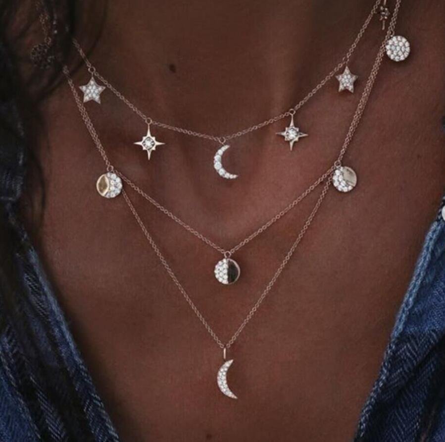 Minnieskull Ladies moon star round multilayer necklace - Minnieskull