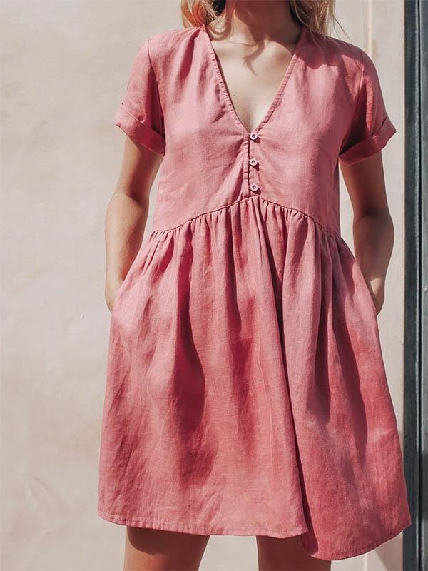 Ladies Button Simple V-Neck Cotton And Linen Dress-Mayoulove