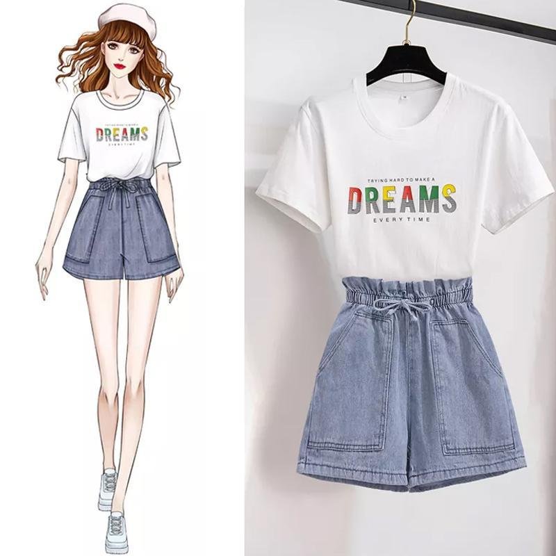 Casual Letter Tee+Denim Shorts P10532
