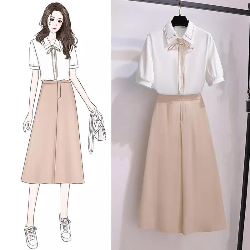 Lace-Up Blouse+Solid Color Skirt P13022