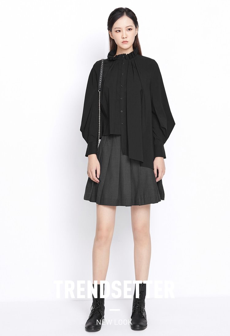 SDEER Irregular Black Long-sleeved Shirt with Lace Pleating
