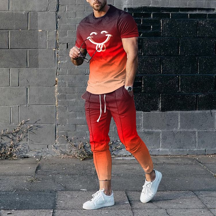 BrosWear Leisure Gradient Red T-Shirt And Pants Two Piece Set