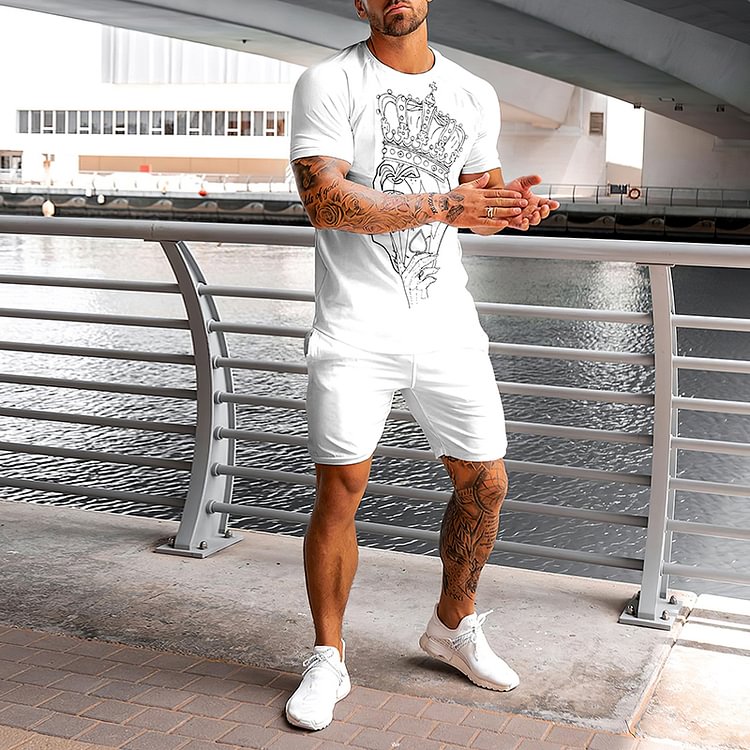 BrosWear Fashion White Print Casual T-Shirt And Shorts Two Piece Set