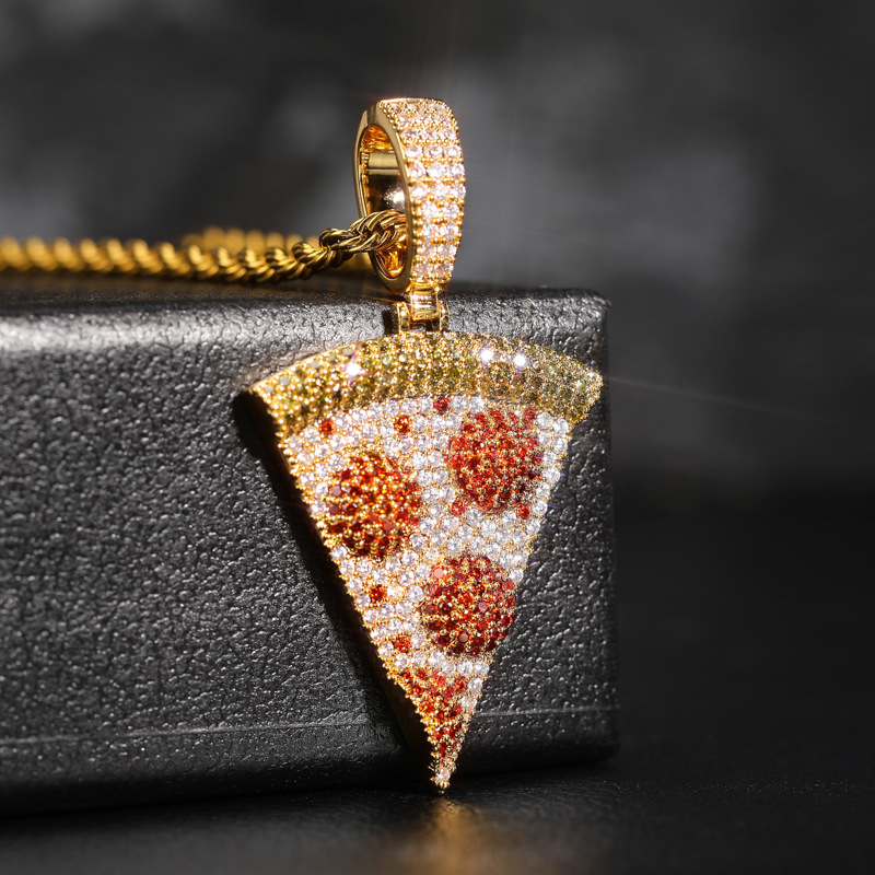 Iced Out Chain Pizza Pendant Necklace 18k Gold Plated Hip Hop Jewelry-VESSFUL