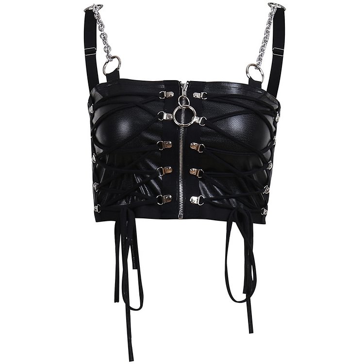 Gothic Dark Metal Style Front Zipper Bandage V Neck Spaghetti Straps Crop Top