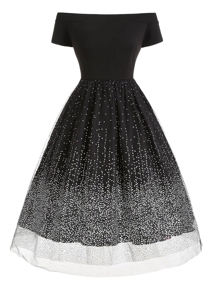 Mayoulove 1950s Vintage Romantic Off Shoulder Mesh Dress-Mayoulove