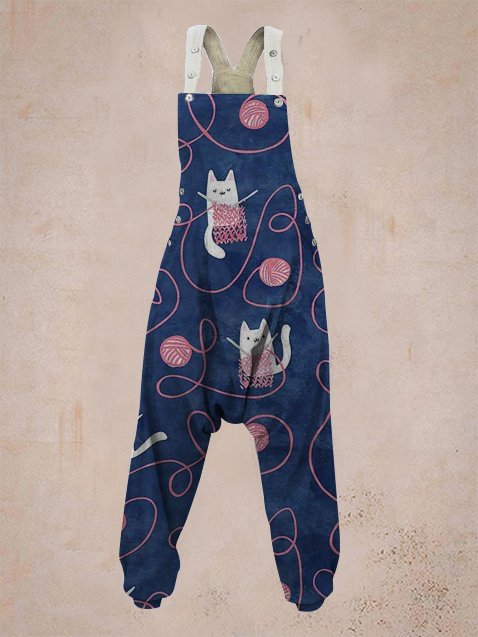 Dark Blue Knitted Cat Print Harem Jumpsuit