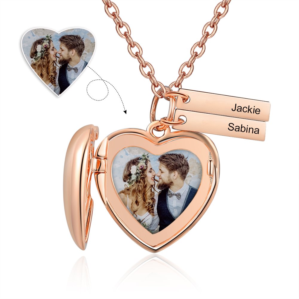 Heart Picture Locket Necklace With Two Engraved Bars, Custom Necklace with Picture and Name