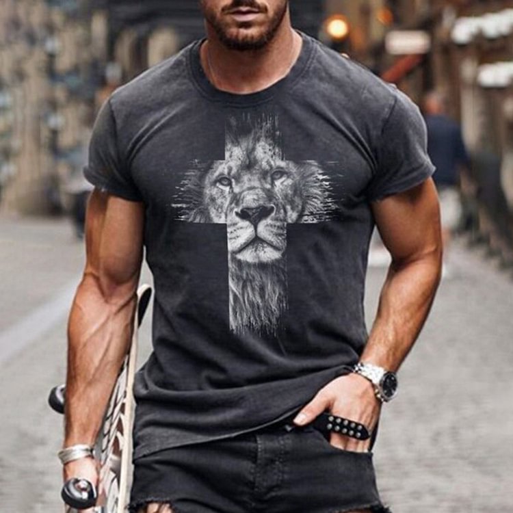 BrosWear Men's Animal Series Lion Cross Print Street Style T-shirt black