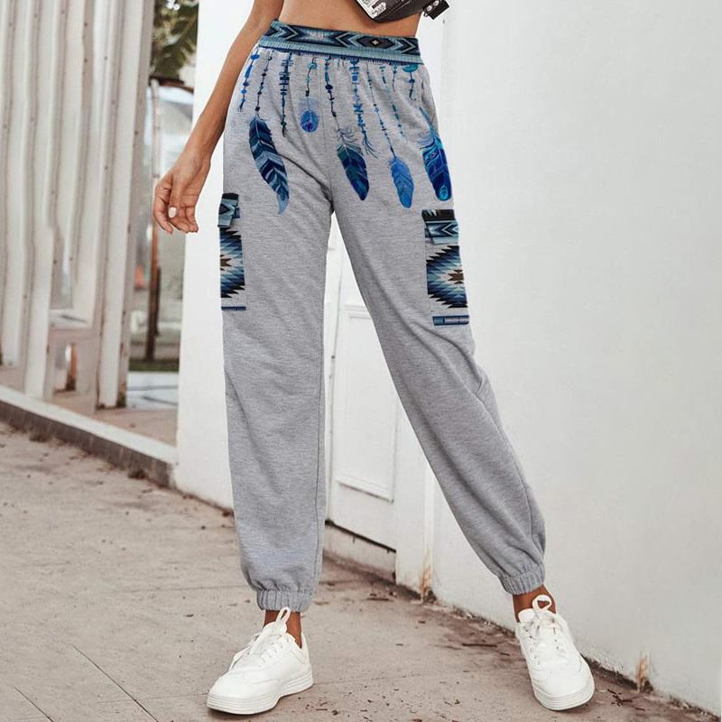 Western style ethnic feather rhombus printed casual pants