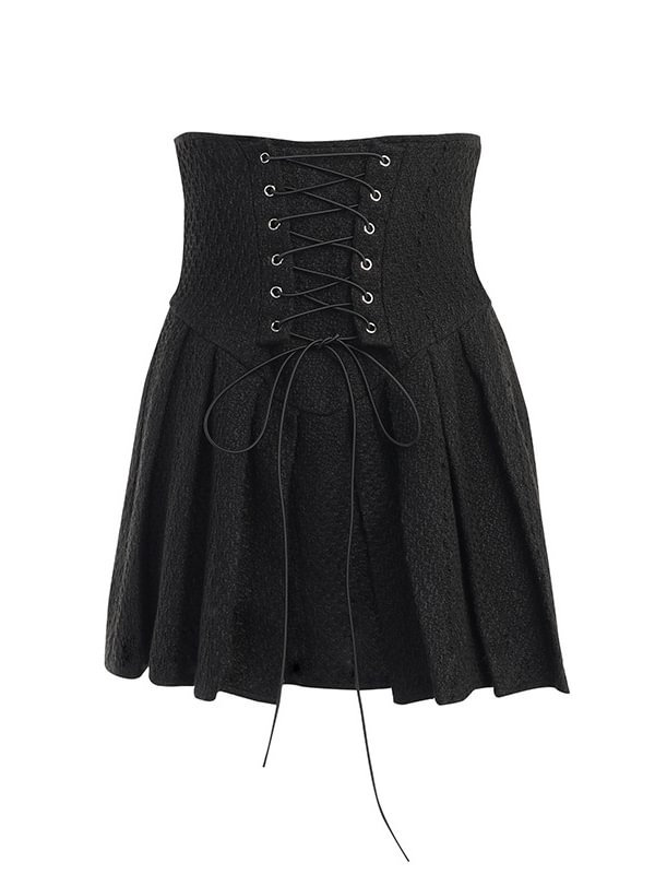 Dark Sexy Girl Vintage Solid Color Lace Up Girdle Pleated A-line Skirt 