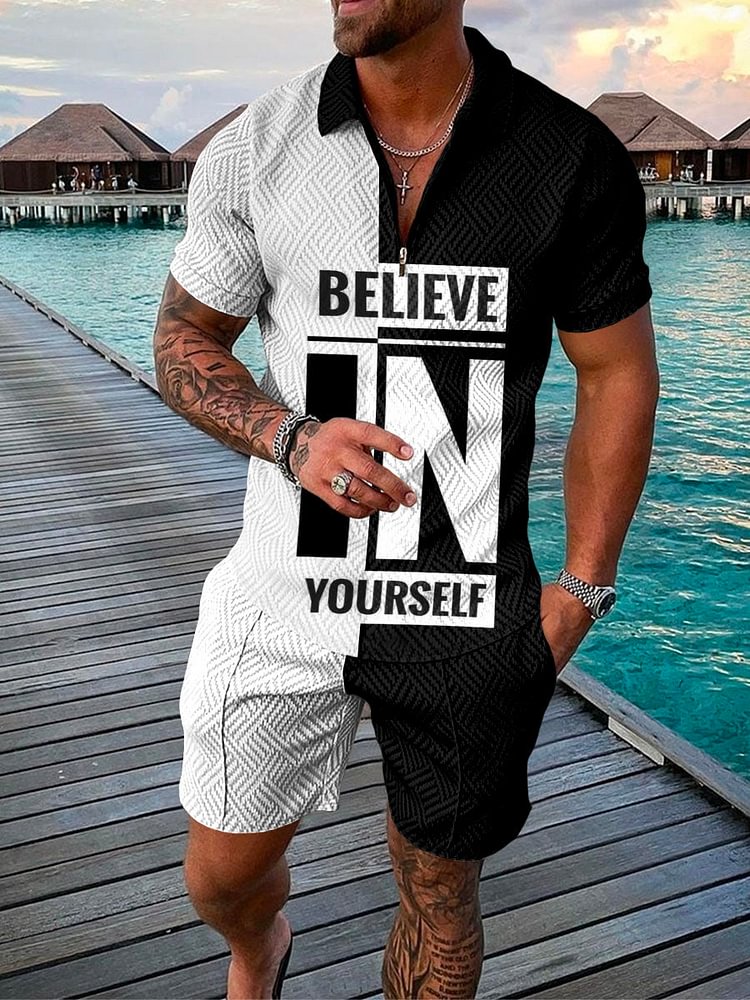 Men's Yin and Yang Contrast Color Letter Printing Suit