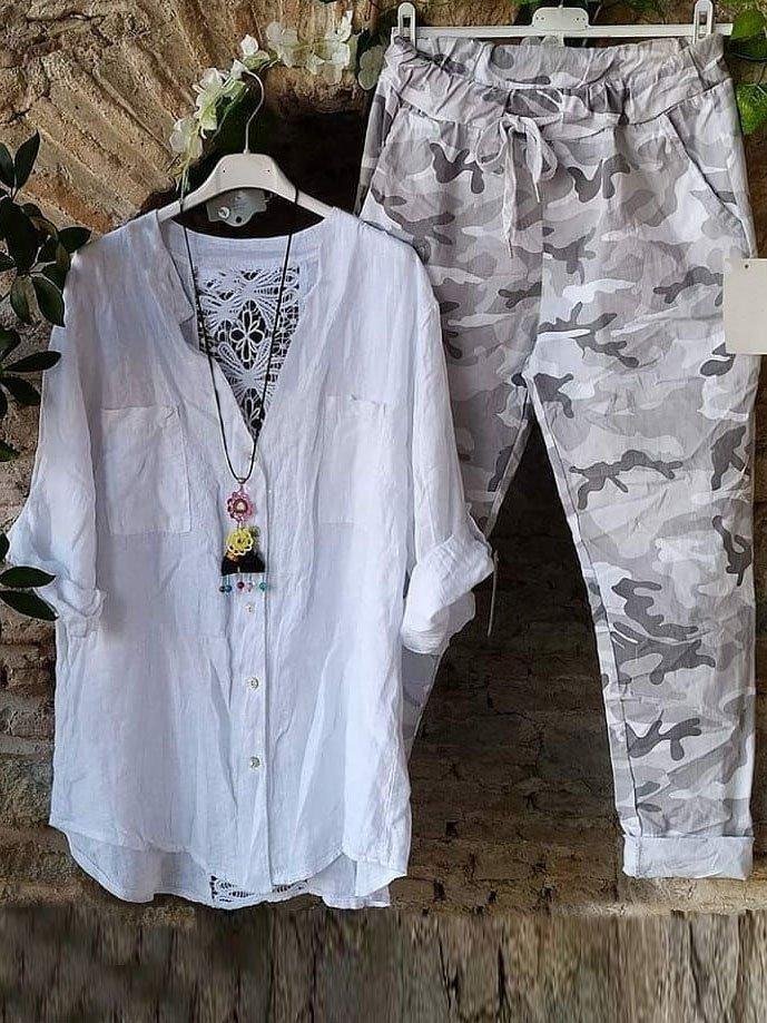 White Summer Soft Printing Two Piece Suit-Mayoulove