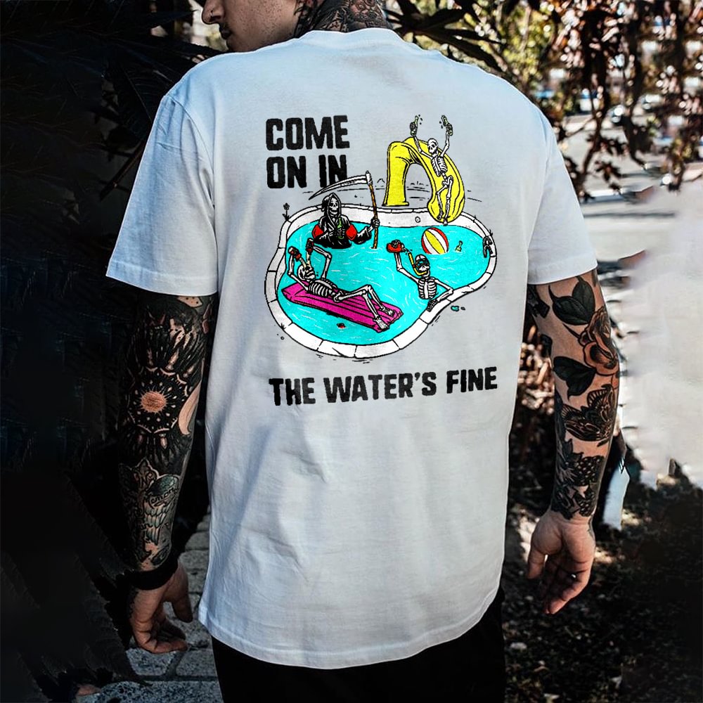The water's fine swimming pool skeletons printed designer T-shirt -  