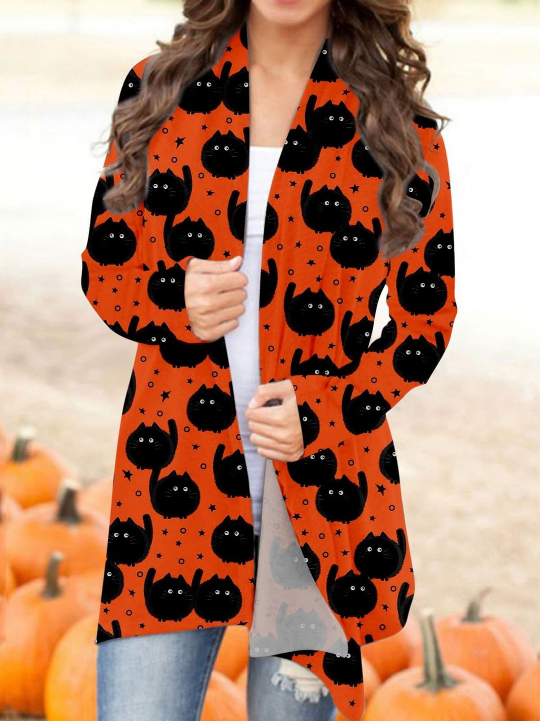 Halloween Cat Printed Loose Lapel Cardigan