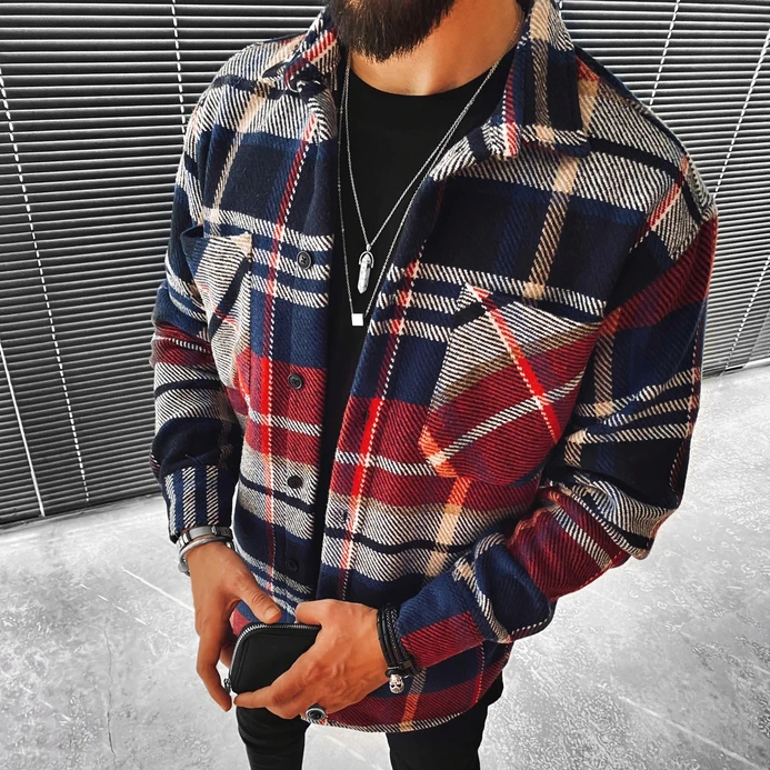 casual check textured long sleeve jacket