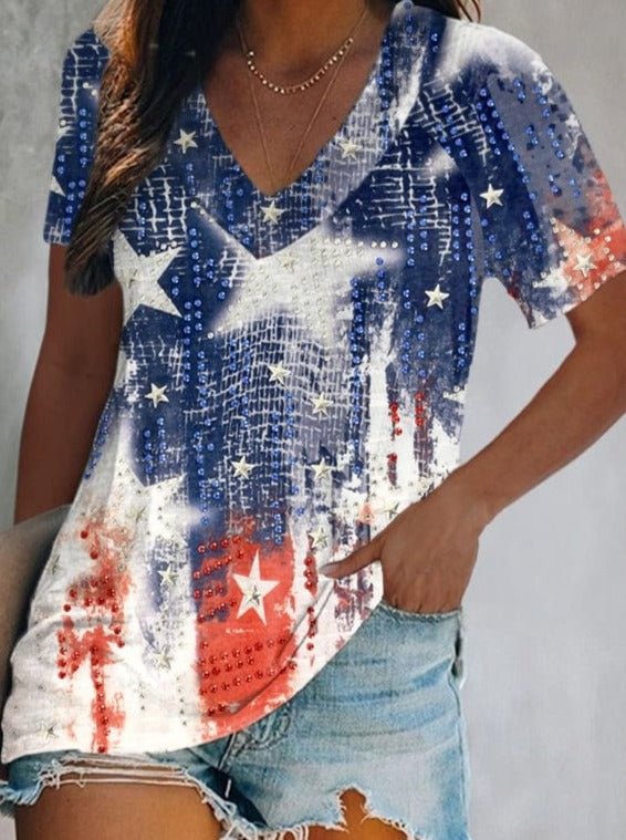 Vintage American Flag Print Casual V-Neck T-Shirt