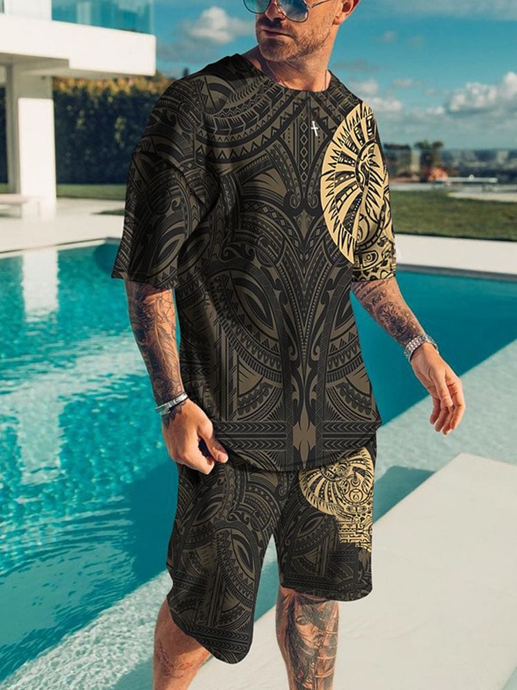 Men's Summer round Neck Abstract Printing T-shirt Suit