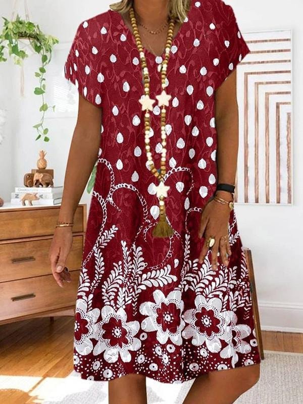 Flower print V-neck short sleeve dress-Mayoulove