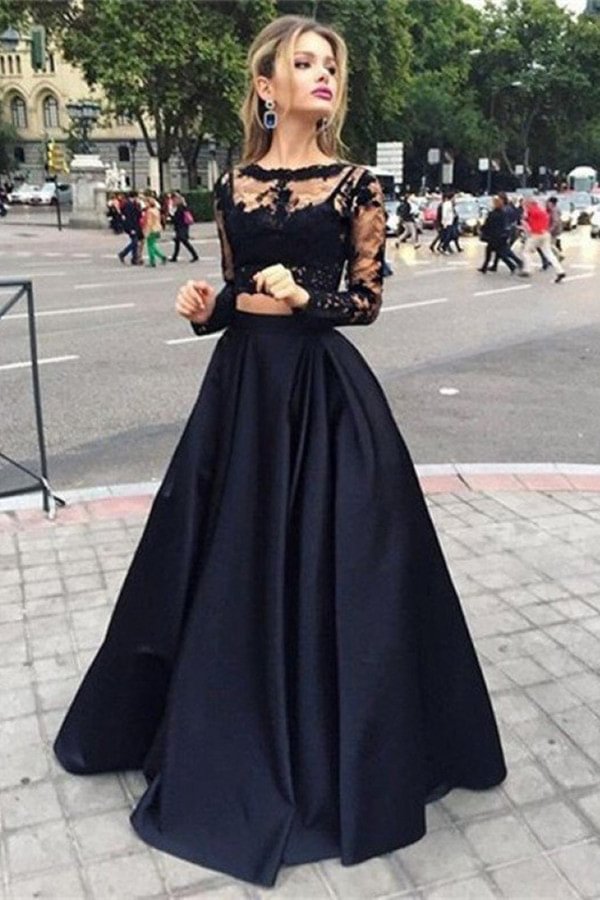 Luluslly Long Sleeves Black Lace Prom Dress Two Pieces