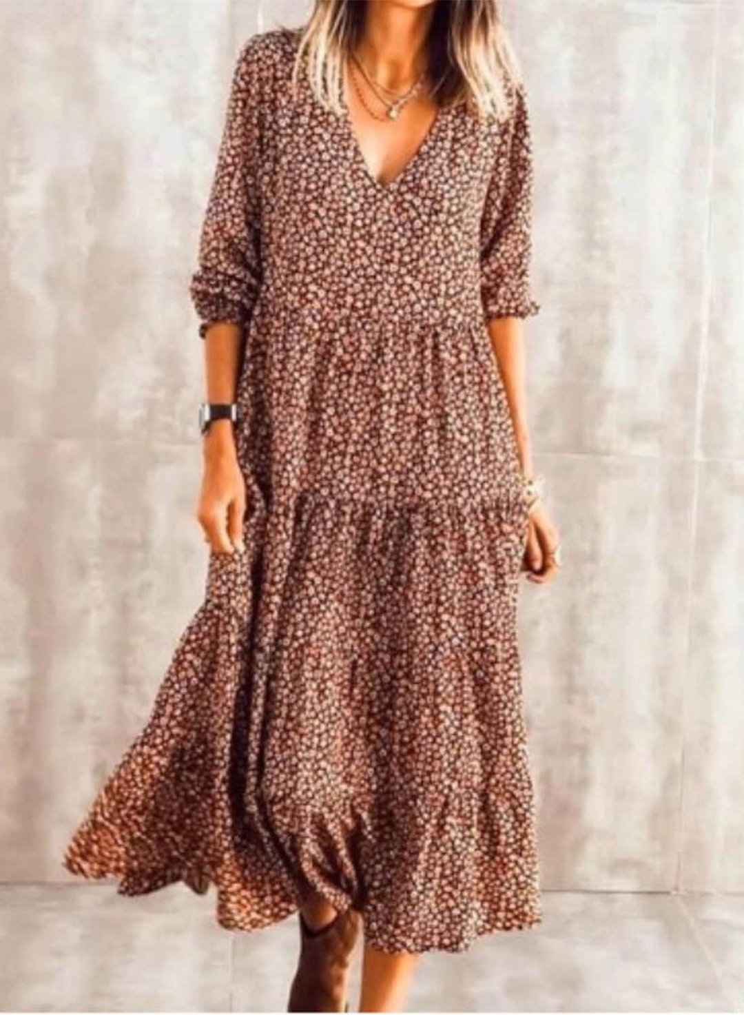 Brown Women's Maxi Dresses Floral Long Sleeve A-line V Neck Vacation Boho Maxi Dress LC614138-17