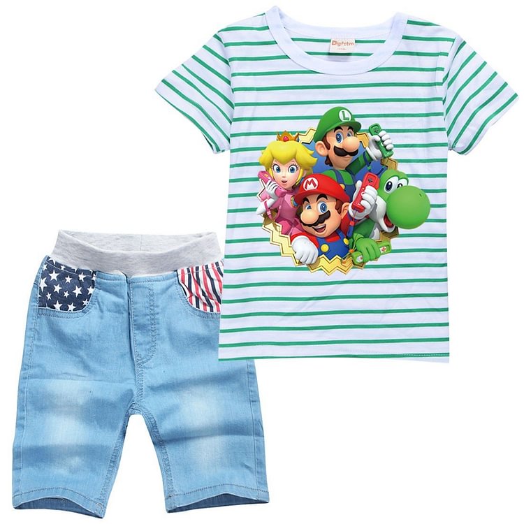 Girls Striped Super Mario Print Boys T Shirt Denim Shorts Suit Sets-Mayoulove