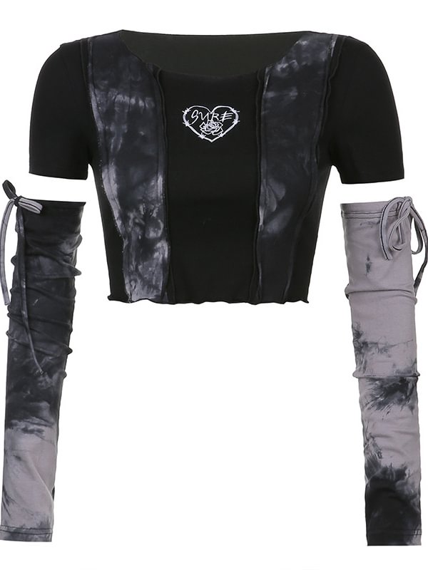 Dark Tie-dyed Ruffled Heart Printed Paneled Crew Collar Crop Top