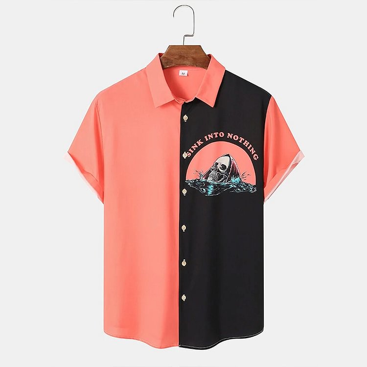 BrosWear Colorblock Skull Pattern Resort Short Sleeve Shirt