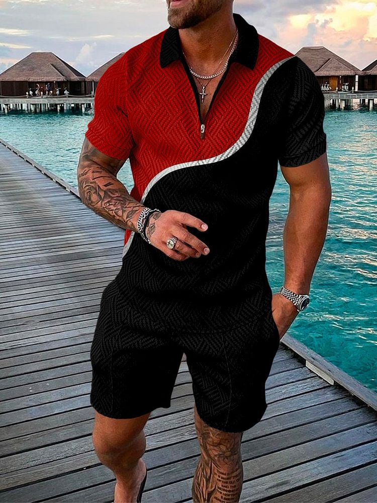 Men's Black and Red Contrast Print Polo Suit