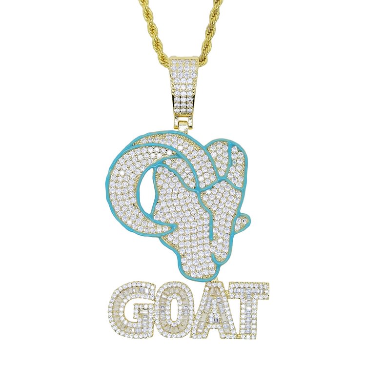 Blue Enamel GOAT Hip Hop Iced Out Pendant Gold Silver Necklace