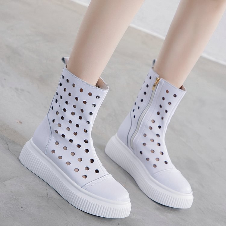 Summer Cowhide High Tube Perforated Hole Martin Cool Boots Hollow Breathable Thick Bottom Muffin Shoes Women