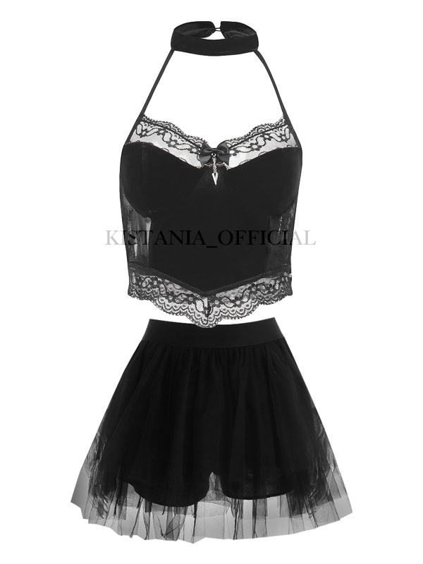 Halter Bowknots & Cross Decorated Crop Top + Solid Black Tiered Elastic Waist High Rise Mesh Bubble Skirt 2-piece Sets