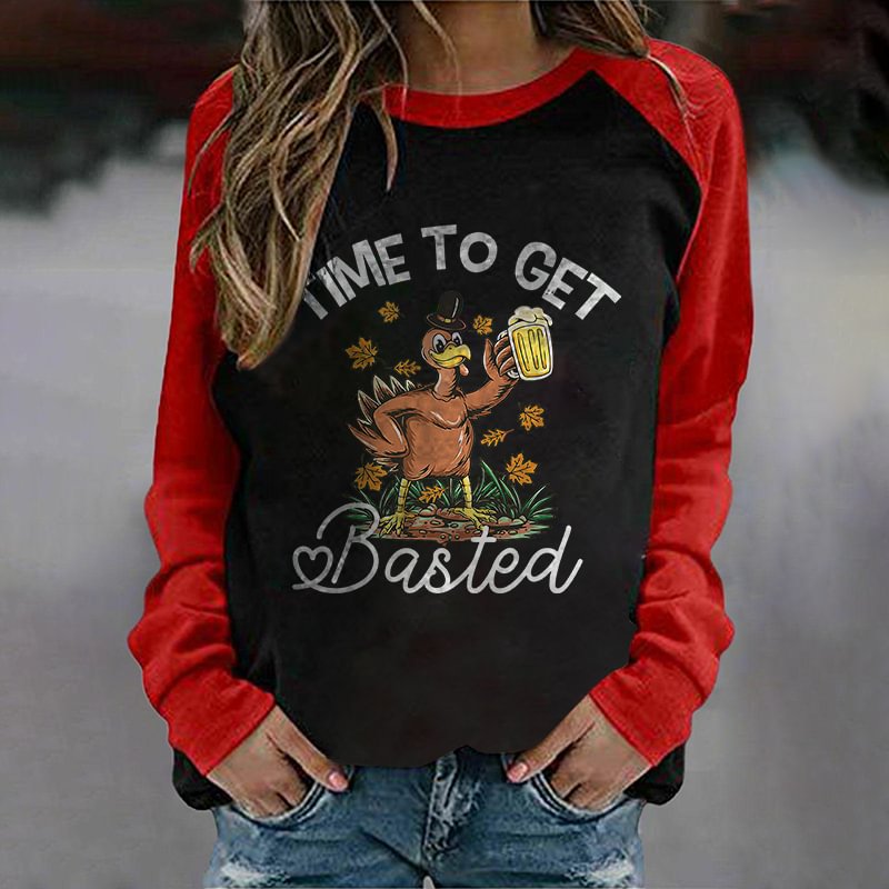 Time To Get Basted Turkey Print Color Block Sweatshirt