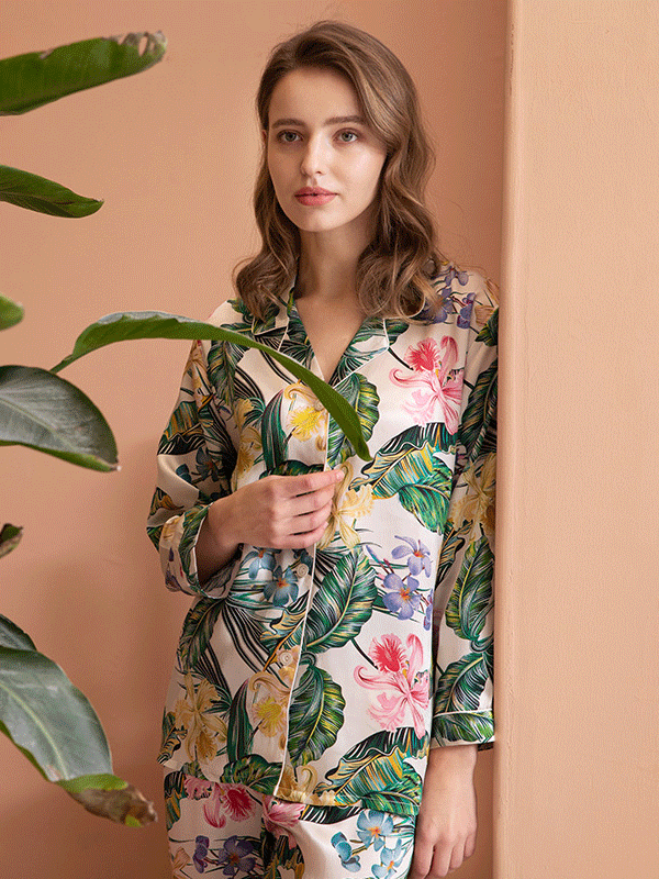 Tropical Flower Printed Silk Pajamas Set For Women-Luxury Silk Life