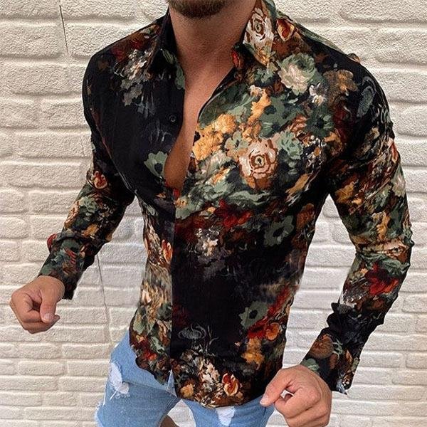 Men Fashion Floral Printed Long Sleeve Shirts-Corachic