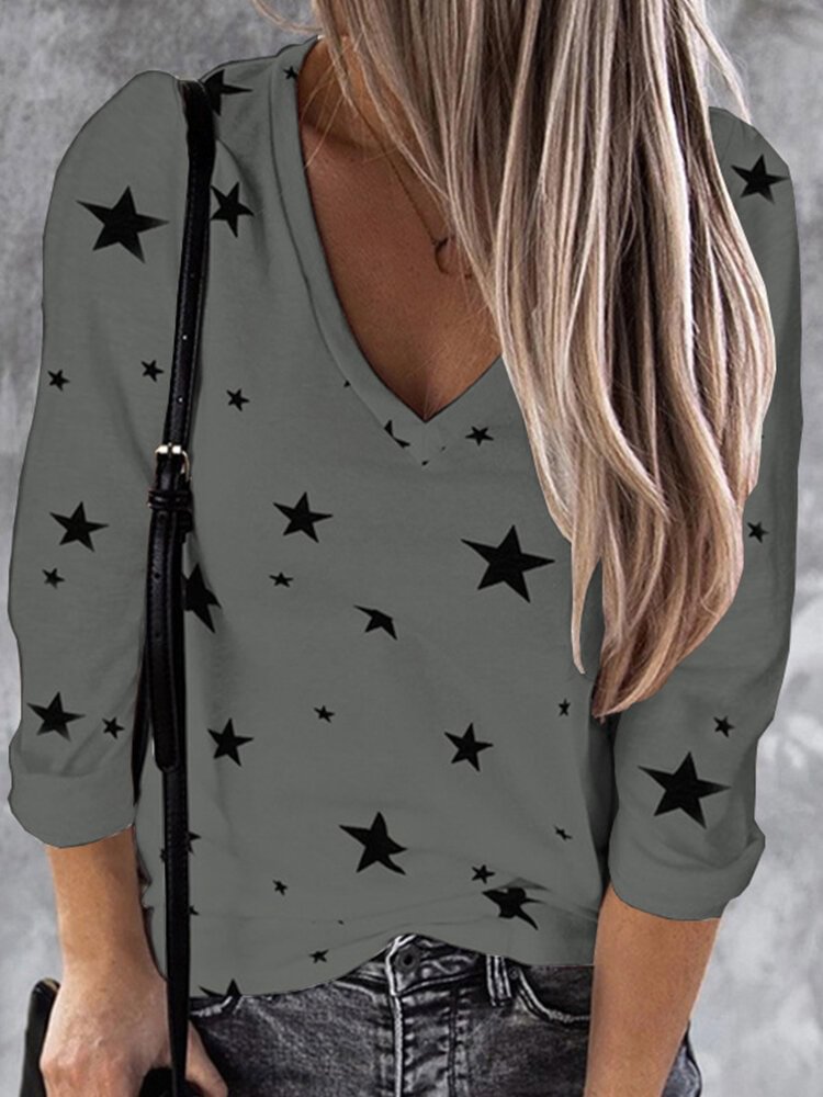 Stars Print Long Sleeve V-neck Casual Blouse For Women