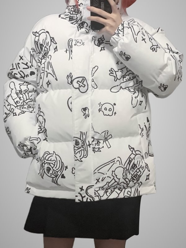 Chic Cute Casual Cartoon Graphic Printed Stand Collar Long Sleeve Thick Padded Jacket