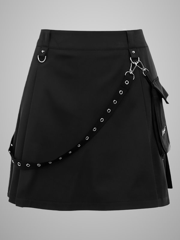 Side Pocket Pleated Strappy Chains Back Zipper Dark Goth Skirt
