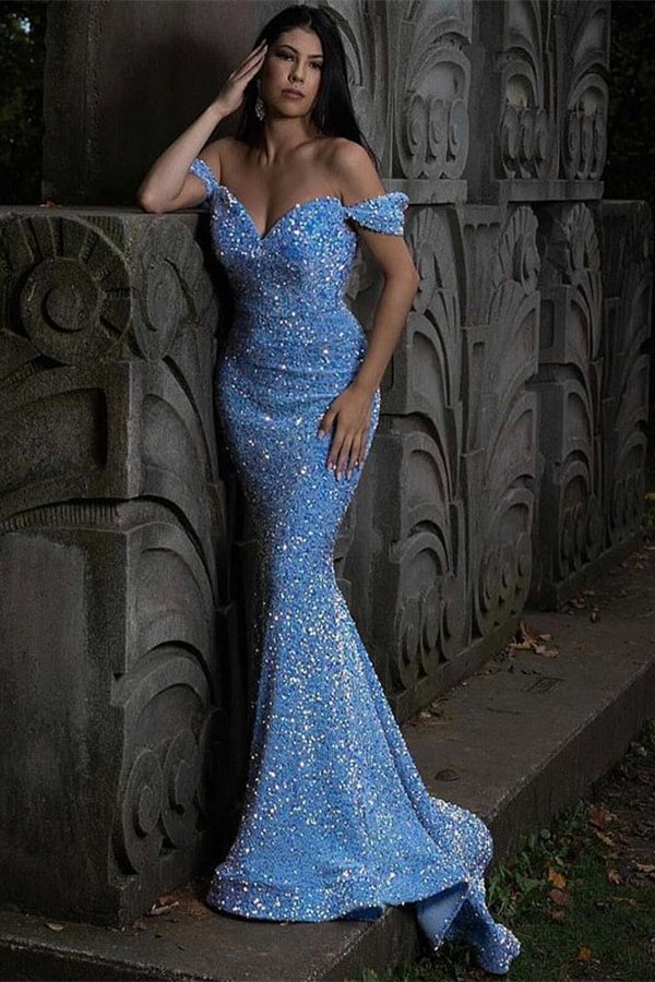 Luluslly Off-the-Shoulder Long Evening Dress Mermaid Sequins Party Gowns