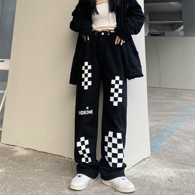 Black And White Checkerboard Print Straight-leg Trousers / Techwear Club / Techwear