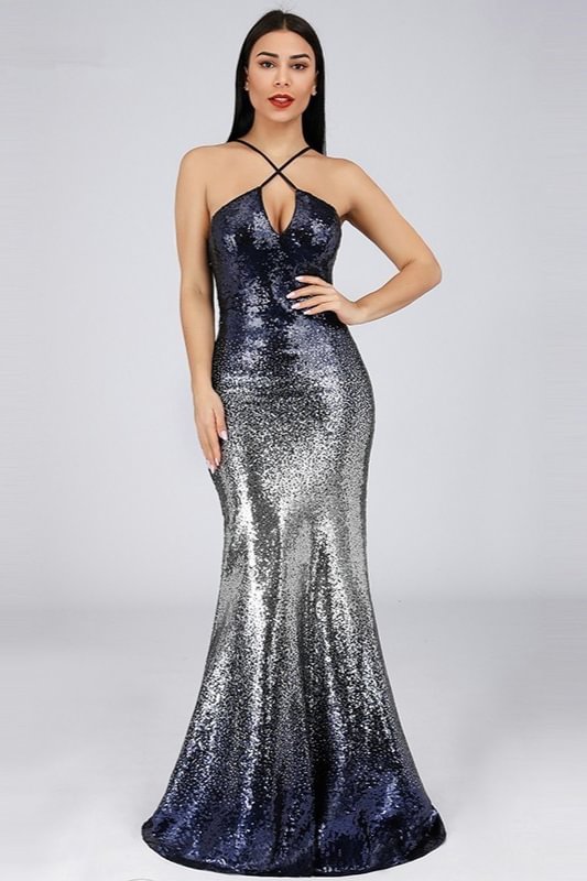 Luluslly Ombre Sequins Prom Dress Mermaid Long Halter Evening Gowns