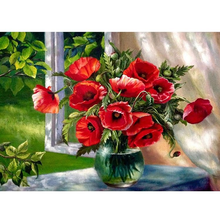 Red Floral Vase - Round Drill Diamond Painting - 40x30cm(Canvas)