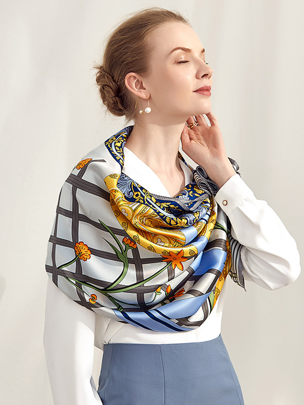 Blue Silk Scarf Plaid Blooming Style For Women